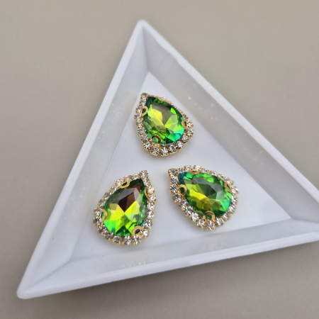 Verde/ Smarald - Stras 10x14mm lacrima peridot AB - baza aurie