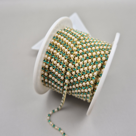 Lant strasuri - Lant strasuri - perle acril/sticla 2mm alb/smarald