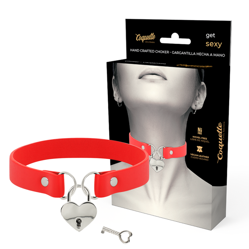Colier Coquette Chic Desire Red Vegan Leather Necklace With Heart Accessory With Key [1]