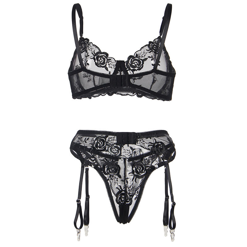 Set Negru Femei Subblime Set of 3 pieces bra + thong + garter floral print black [2]