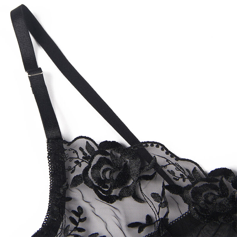 Set Negru Femei Subblime Set of 3 pieces bra + thong + garter floral print black [3]