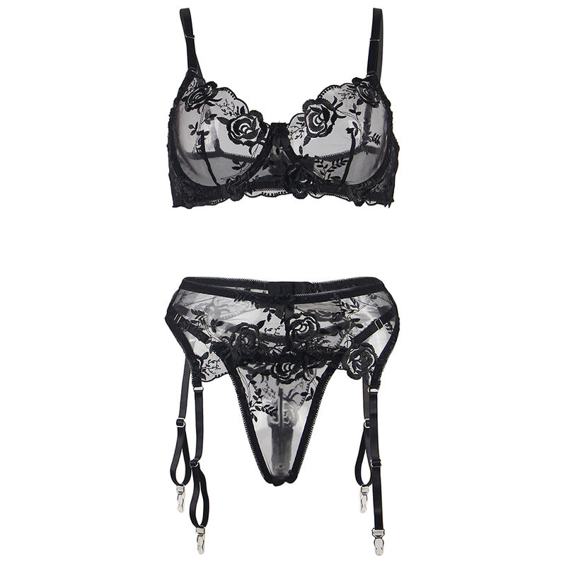 Set Negru Femei Subblime Set of 3 pieces bra + thong + garter floral print black [4]