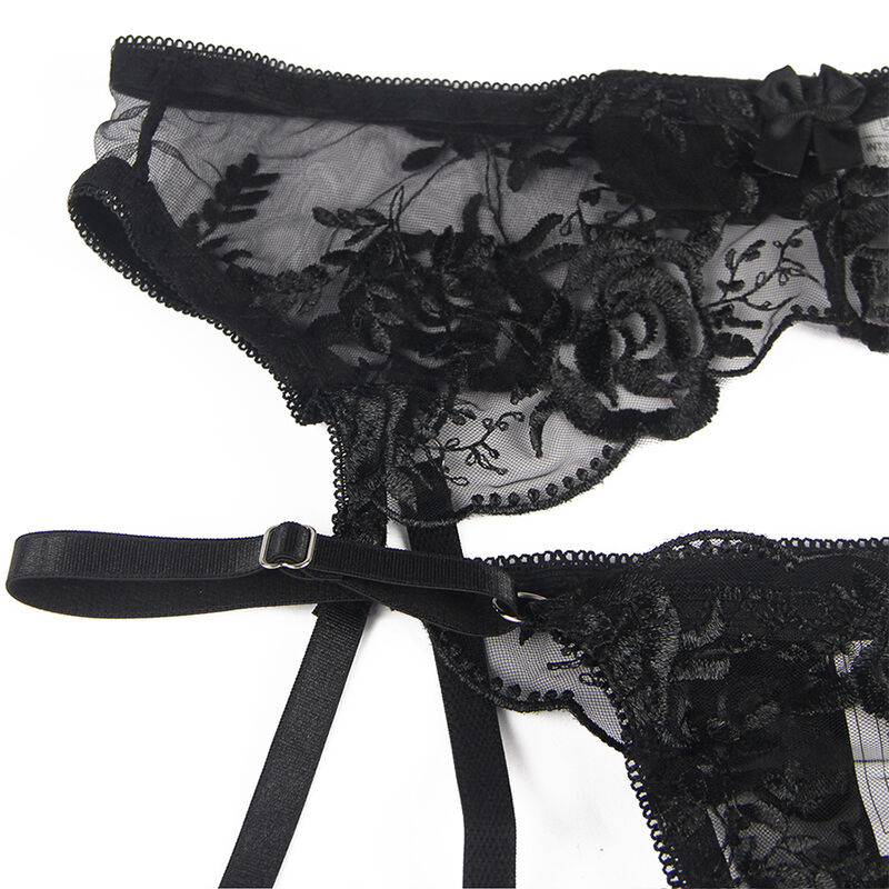 Set Negru Femei Subblime Set of 3 pieces bra + thong + garter floral print black [5]