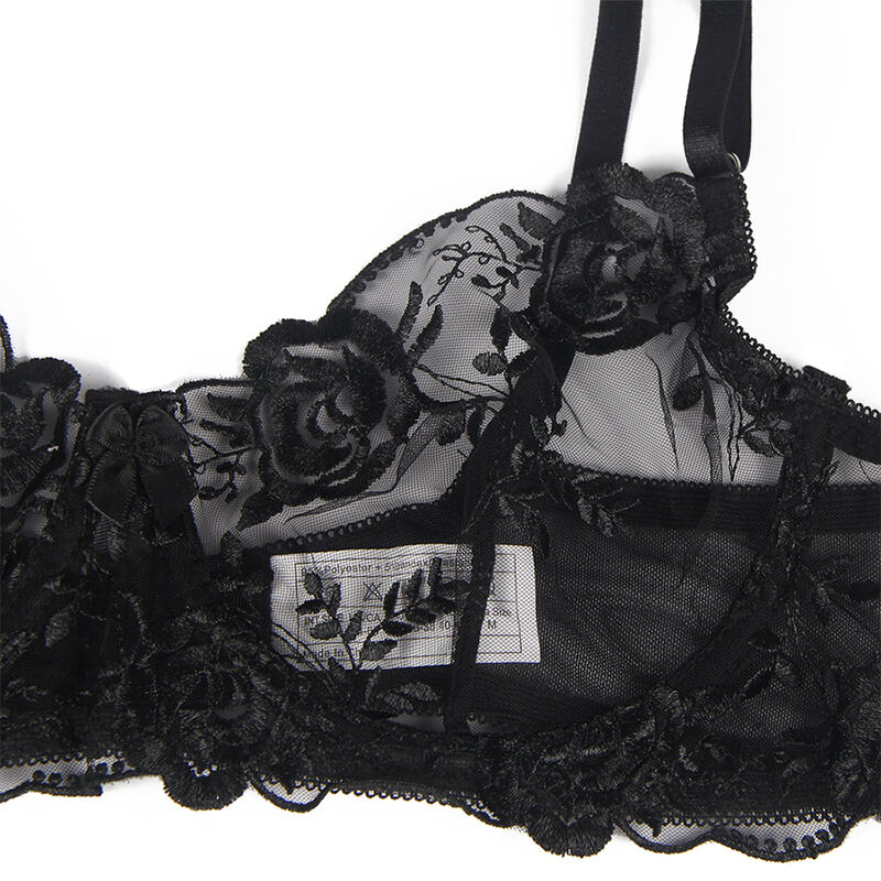 Set Negru Femei Subblime Set of 3 pieces bra + thong + garter floral print black [8]