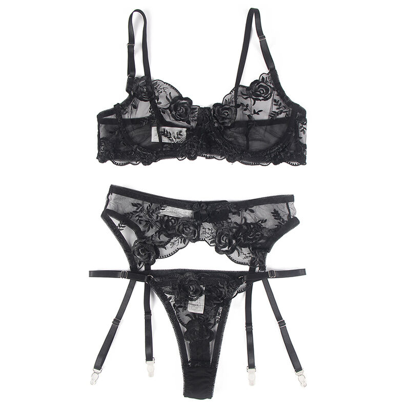Set Negru Femei Subblime Set of 3 pieces bra + thong + garter floral print black [13]