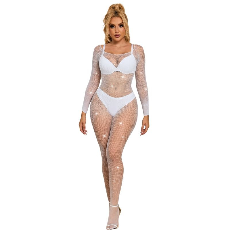Bodysuit Plasa Alb Femei Subblime Fishnet bodystocking with diamonds long sleeve white [1]