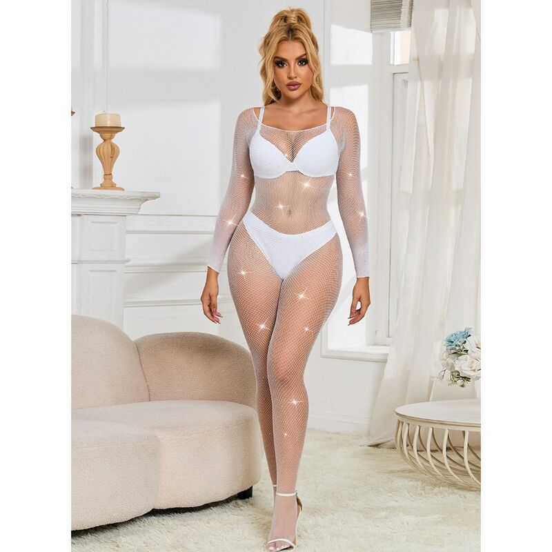 Bodysuit Plasa Alb Femei Subblime Fishnet bodystocking with diamonds long sleeve white [3]