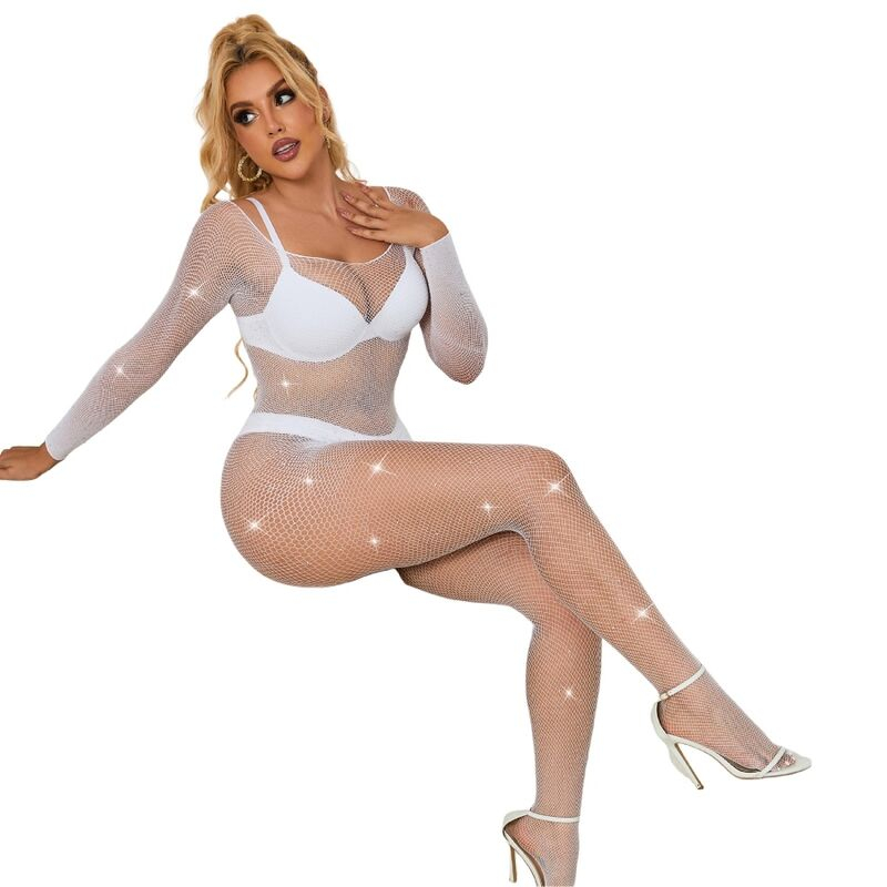 Bodysuit Plasa Alb Femei Subblime Fishnet bodystocking with diamonds long sleeve white [6]