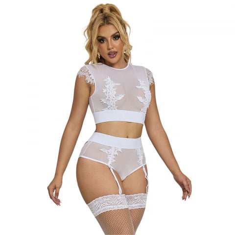 Set Alb Femei Subblime Bra + panties with garter belt white [6]