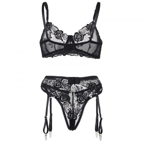 Set Negru Femei Subblime Set of 3 pieces bra + thong + garter floral print black [1]