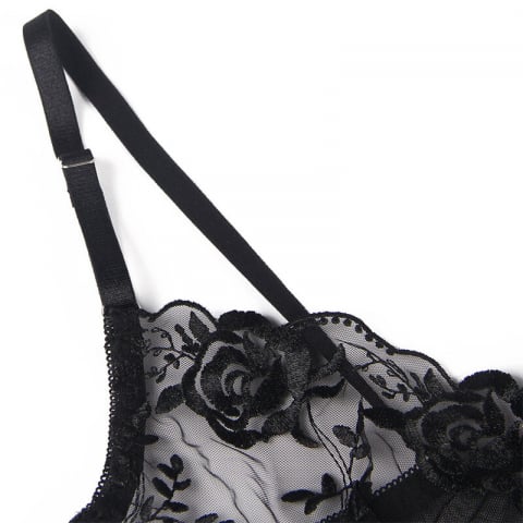 Set Negru Femei Subblime Set of 3 pieces bra + thong + garter floral print black [2]