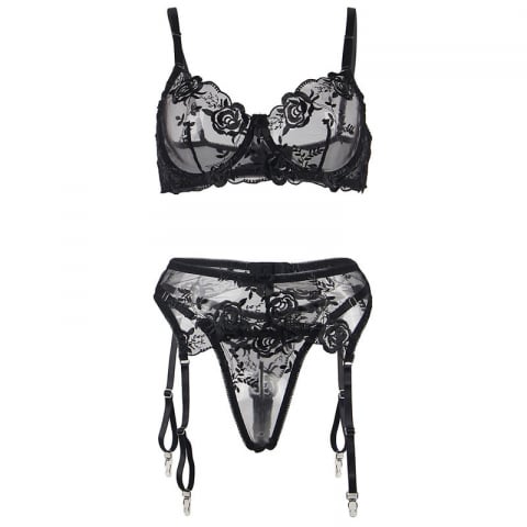 Set Negru Femei Subblime Set of 3 pieces bra + thong + garter floral print black [3]