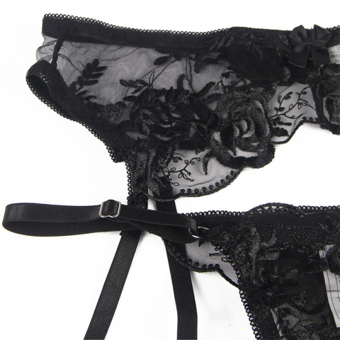 Set Negru Femei Subblime Set of 3 pieces bra + thong + garter floral print black [4]