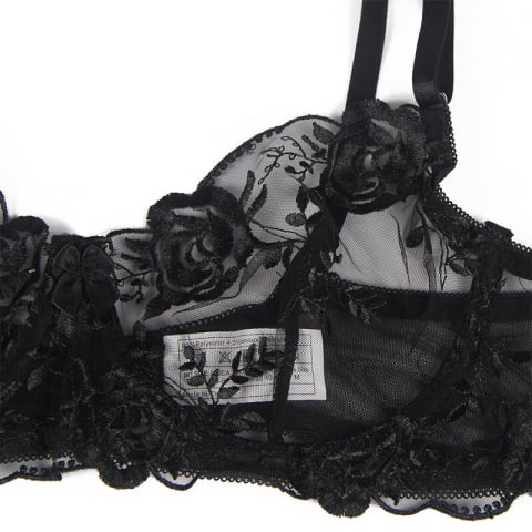 Set Negru Femei Subblime Set of 3 pieces bra + thong + garter floral print black [7]