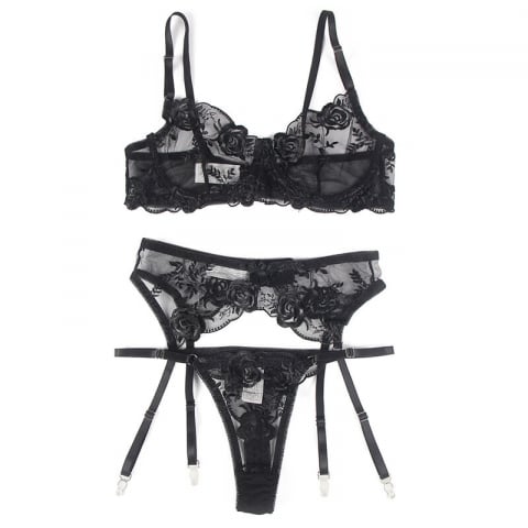 Set Negru Femei Subblime Set of 3 pieces bra + thong + garter floral print black [12]