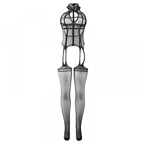 Bodysuit Plasa Negru Femei Subblime Fishnet crotchless bodystocking with prints on the neck black [3]