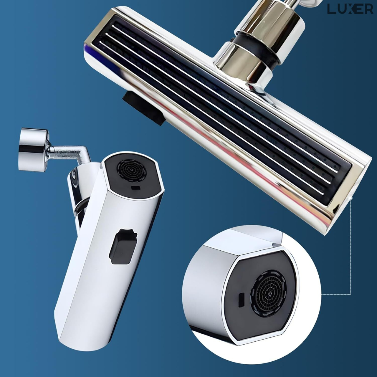 Adaptor universal pentru robinet Luxer cu brat pivotant, economizor de apă și 3 moduri de jet: concentrat, pulverizare largă și mod mixt, ideal pentru bucătărie și baie. [7]
