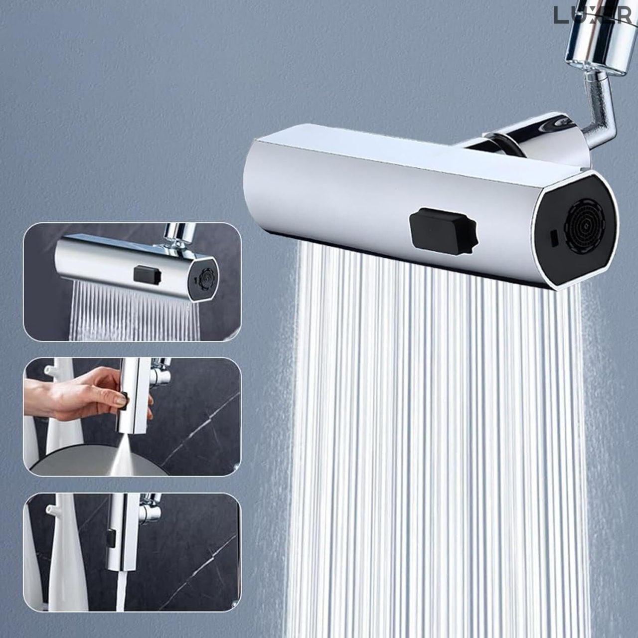 Adaptor universal pentru robinet Luxer cu brat pivotant, economizor de apă și 3 moduri de jet: concentrat, pulverizare largă și mod mixt, ideal pentru bucătărie și baie. [2]