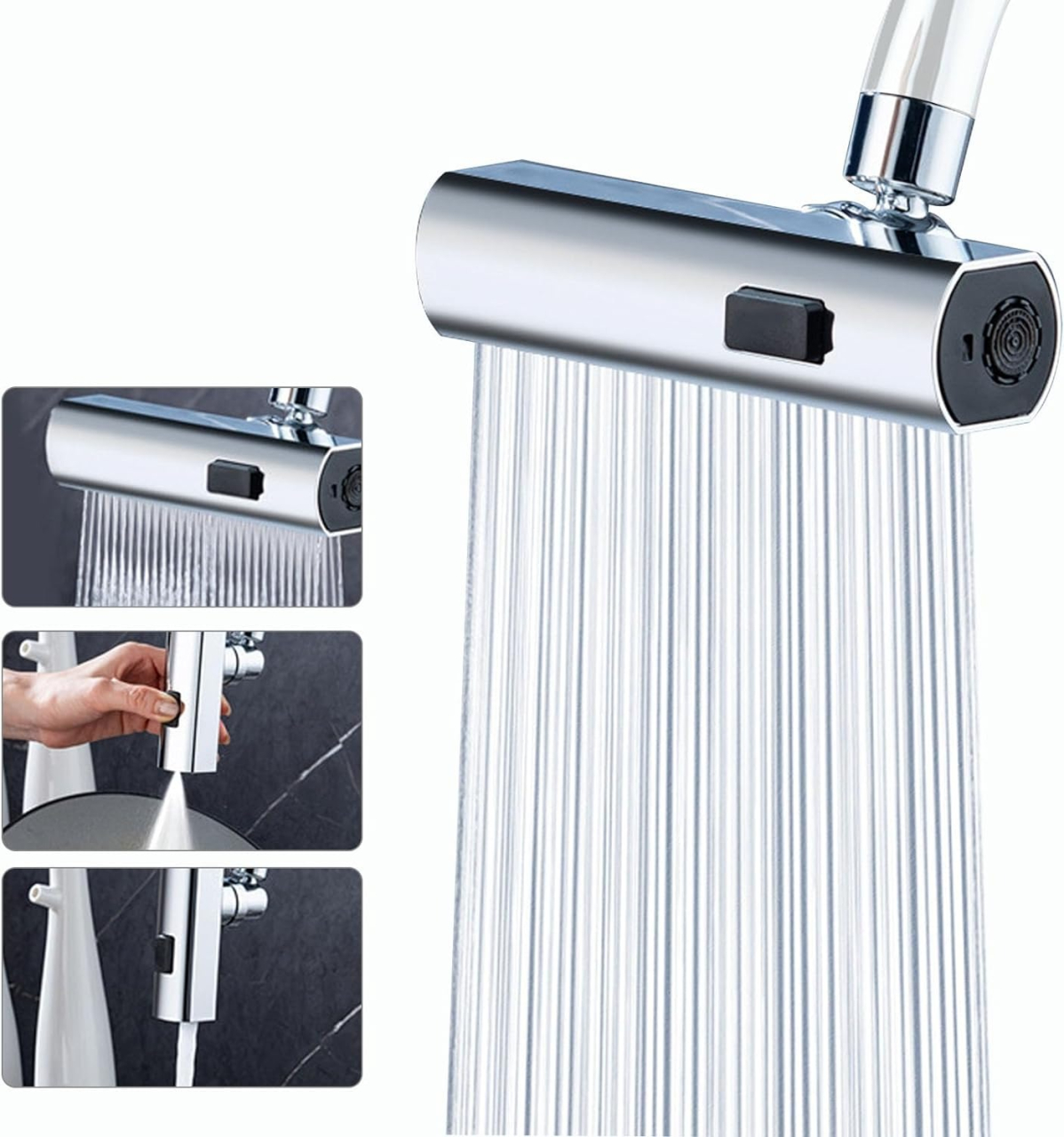 Adaptor universal pentru robinet Luxer cu brat pivotant, economizor de apă și 3 moduri de jet: concentrat, pulverizare largă și mod mixt, ideal pentru bucătărie și baie. [1]