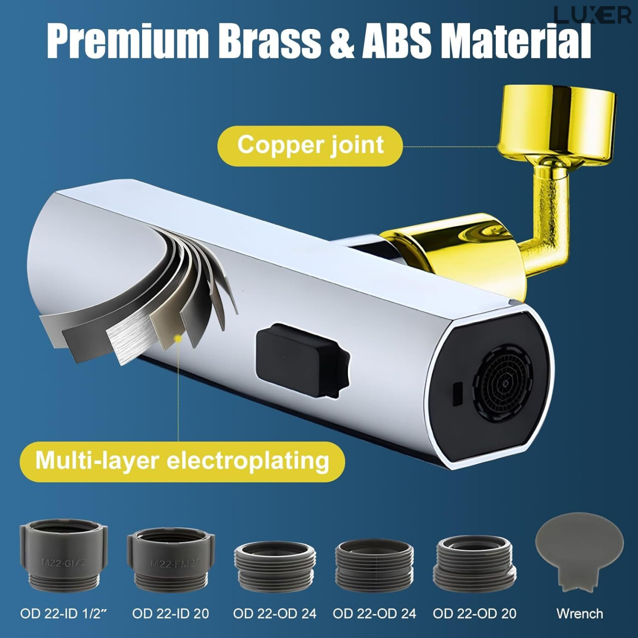 Adaptor universal pentru robinet Luxer cu brat pivotant, economizor de apă și 3 moduri de jet: concentrat, pulverizare largă și mod mixt, ideal pentru bucătărie și baie. [10]