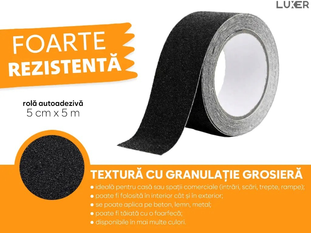 Banda Adeziva Antiderapanta pentru Scari/Trepte Interior/Exterior, Multisuprafete, Rezistenta la Apa, Lungime 5 m, Latime 5 cm, Negru, Luxer, Banda Adeziva Antiderapanta Aderenta Sporita, entru Suprafete Umede, Negru, Luxer Dedeman Leroy Merlin Emag Bilka Luxer [5]