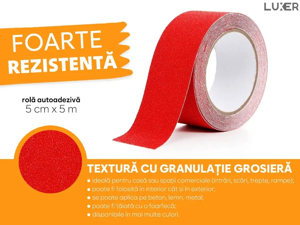 Banda Adeziva Antiderapanta pentru Scari/Trepte Interior/Exterior, Multisuprafete, Rezistenta la Apa, Lungime 5 m, Latime 5 cm, Negru, Luxer, Banda Adeziva Antiderapanta Aderenta Sporita, entru Suprafete Umede, Rosu, Luxer Dedeman Leroy Merlin Emag Bilka Luxer [4]