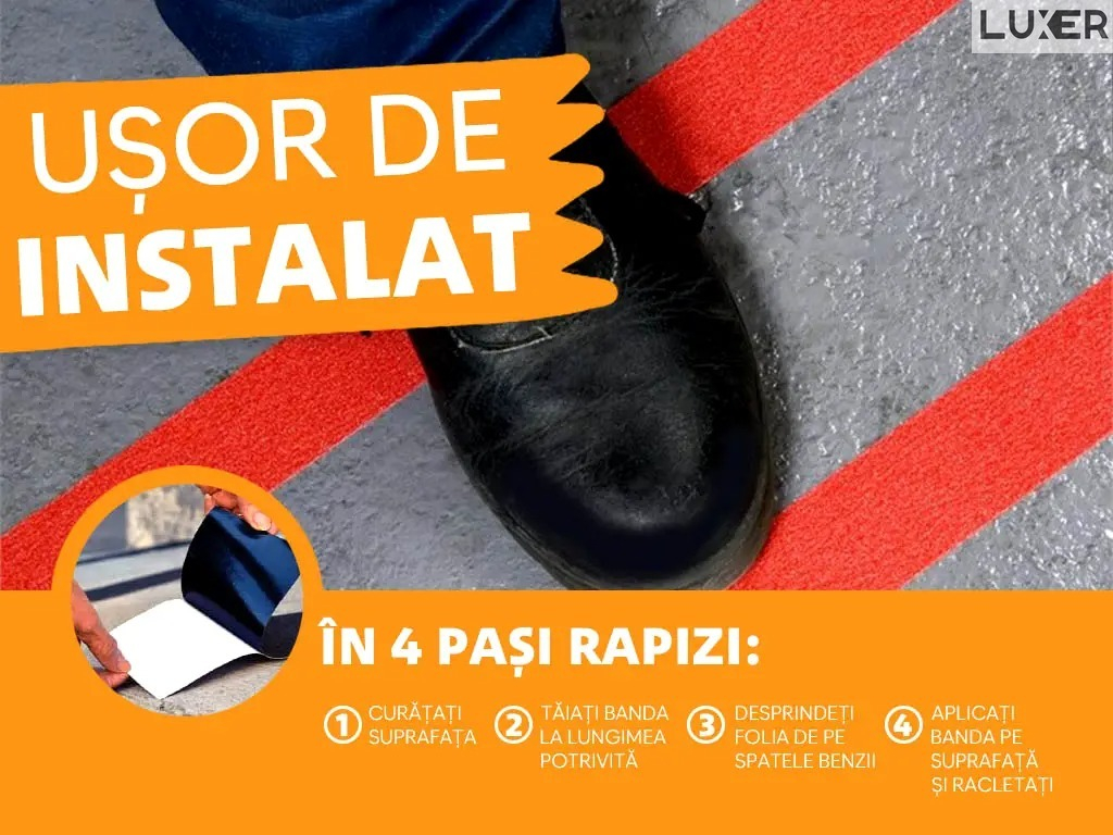 Banda Adeziva Antiderapanta pentru Scari/Trepte Interior/Exterior, Multisuprafete, Rezistenta la Apa, Lungime 5 m, Latime 5 cm, Negru, Luxer, Banda Adeziva Antiderapanta Aderenta Sporita, entru Suprafete Umede, Rosu, Luxer Dedeman Leroy Merlin Emag Bilka Luxer [6]