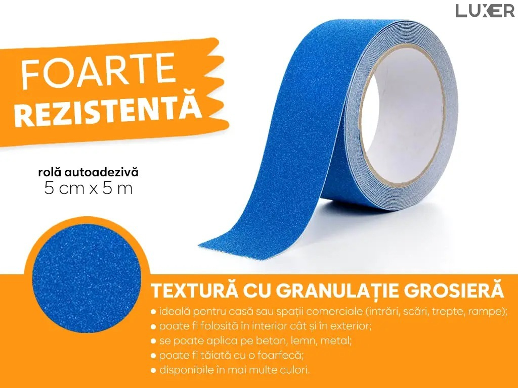 Banda Adeziva Antiderapanta pentru Scari/Trepte Interior/Exterior, Multisuprafete, Rezistenta la Apa, Lungime 5 m, Latime 5 cm, Negru, Luxer, Banda Adeziva Antiderapanta Aderenta Sporita, entru Suprafete Umede, Albastru, Luxer Dedeman Leroy Merlin Emag Bilka Luxer [3]