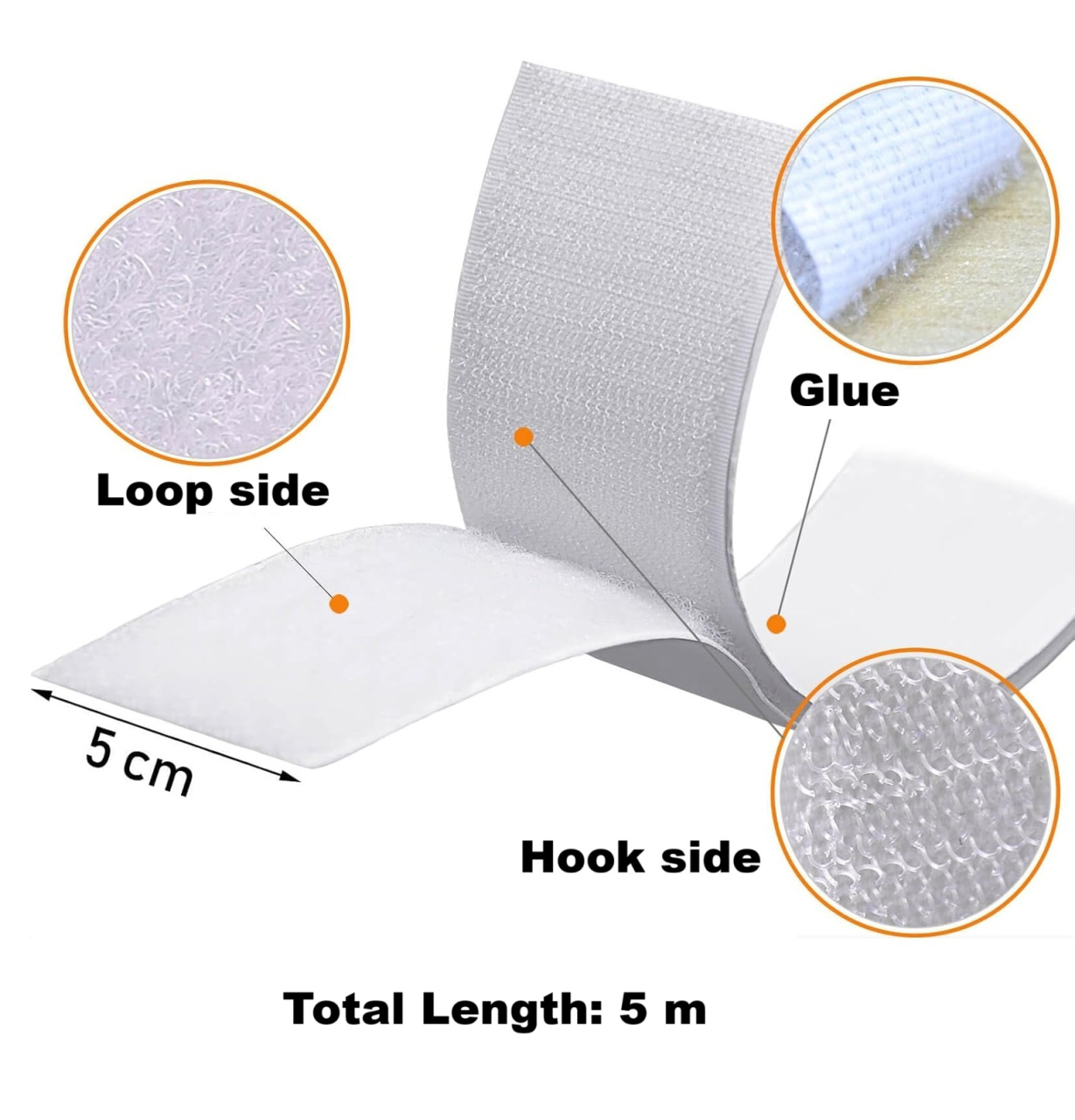 Bandă Autoadezivă Cu Cârlig si Buclă (Hook-&-Loop) Tip Scai, Dimensiuni 500x5 cm, Alb [10]