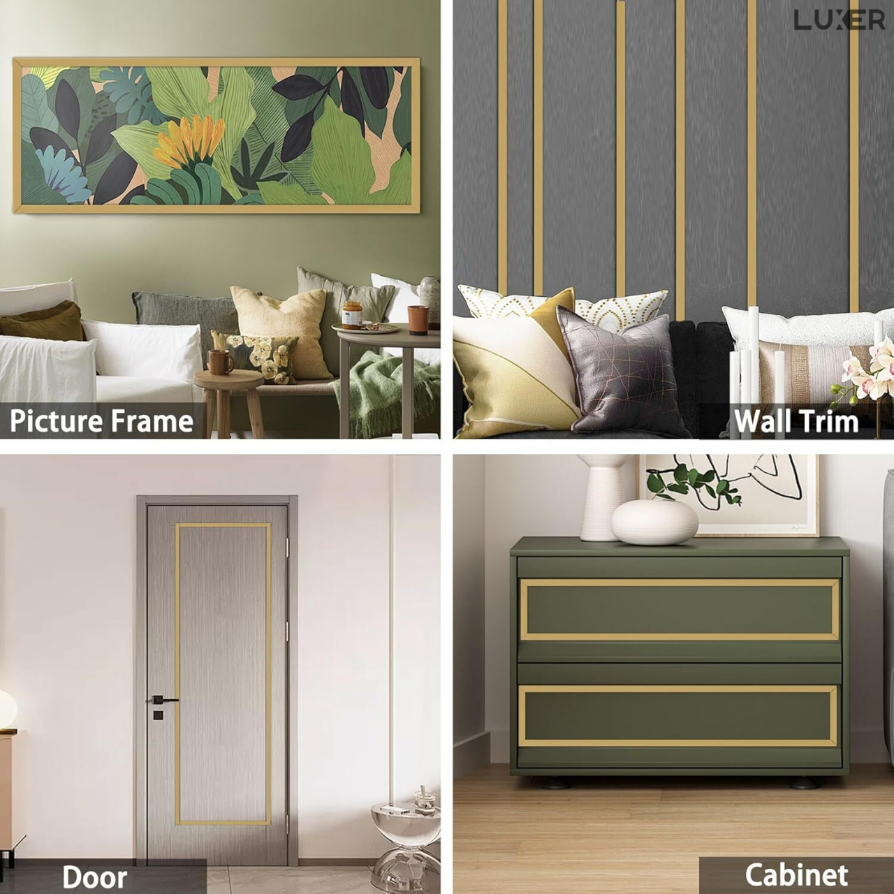 Banda Decorativa Autoadeziva, 1.1 cm x 5 m, pentru Pereti, Mobilier, Decoratiuni Auto si Interioare, Rezistenta la Apa, Durabila, Usor de Aplicat, Gold, Luxer, Banda adeziva decorativa de lipit pentru perete aurie tip platbanda / bordura prete, ornamentala luxer [2]