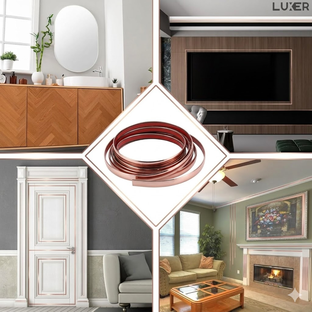 Banda Decorativa Autoadeziva, 1.1 cm x 5 m, pentru Pereti, Mobilier, Decoratiuni Auto si Interioare, Rezistenta la Apa, Durabila, Usor de Aplicat, Gold, Luxer, Banda adeziva decorativa de lipit pentru perete auriu roz tip platbanda / bordura prete, ornamentala luxer [3]