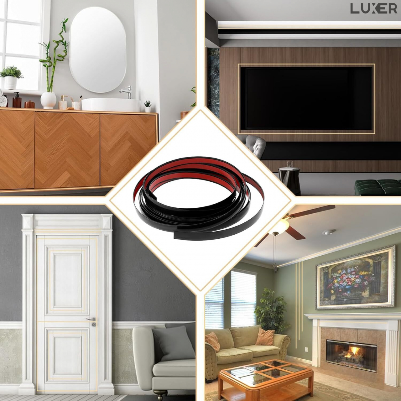 Banda Decorativa Autoadeziva, 1.1 cm x 5 m, pentru Pereti, Mobilier, Decoratiuni Auto si Interioare, Rezistenta la Apa, Durabila, Usor de Aplicat, Gold, Luxer, Banda adeziva decorativa de lipit pentru perete negru tip platbanda / bordura prete, ornamentala luxer [5]