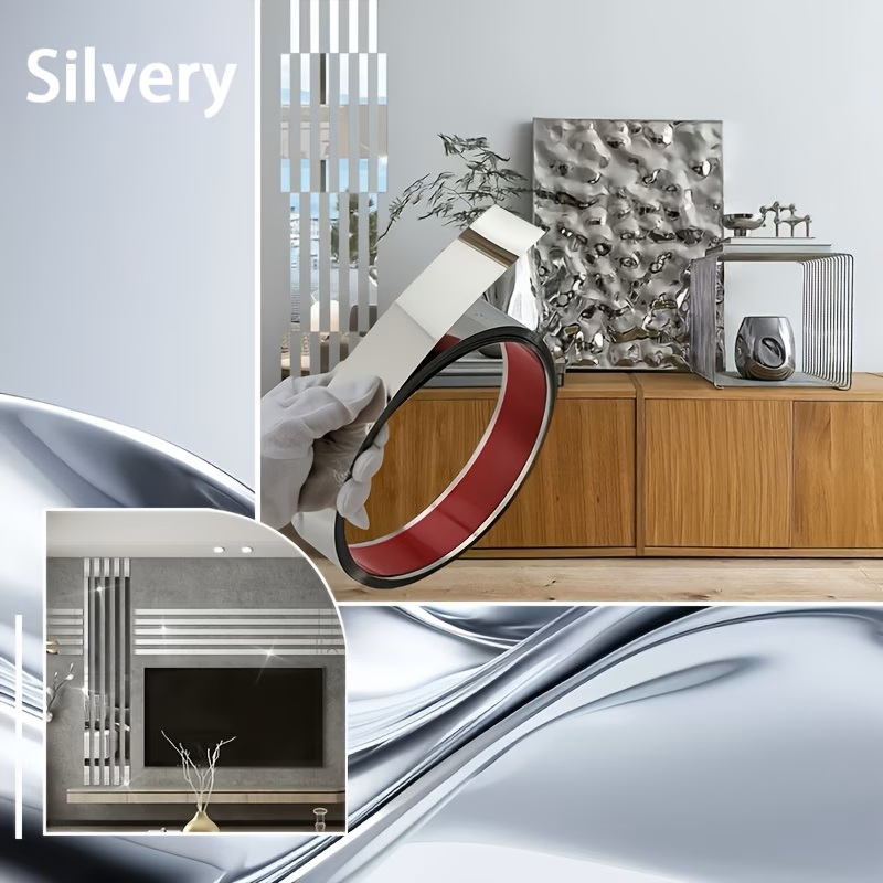 Bandă decorativă autoadezivă Luxer cu efect de oglindă argintie, lungime 5 metri, lățime 5 cm, material reflectorizant premium, ideală pentru decoruri interioare, mobilier și rame. [4]