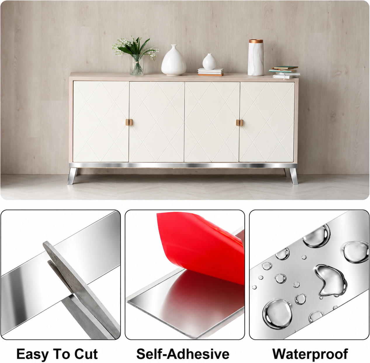 Bandă decorativă autoadezivă Luxer cu efect de oglindă argintie, lungime 5 metri, lățime 5 cm, material reflectorizant premium, ideală pentru decoruri interioare, mobilier și rame. [5]