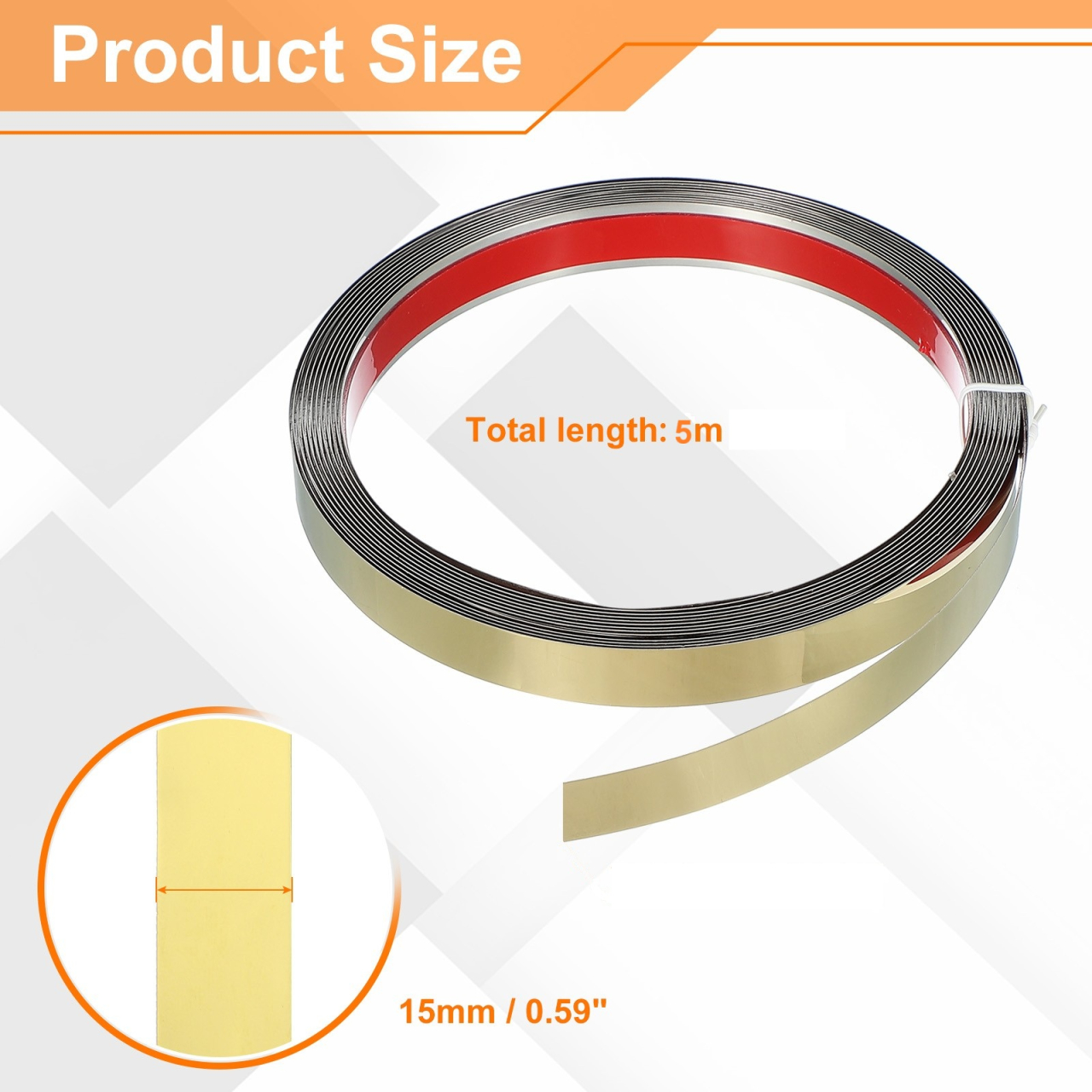 Bandă decorativă autoadezivă Luxer cu efect de oglindă aurie, lungime 5 metri, lățime 1.5 cm, material reflectorizant premium, ideală pentru decoruri interioare, mobilier și rame. [10]