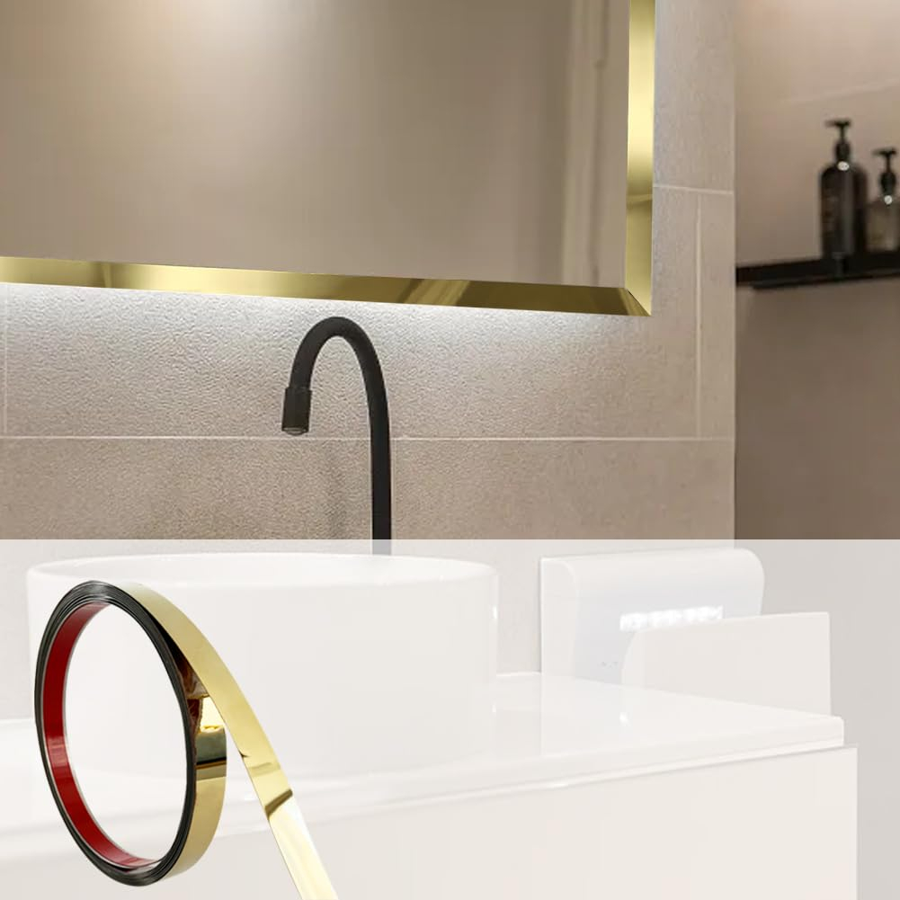 Bandă decorativă autoadezivă Luxer cu efect de oglindă aurie, lungime 5 metri, lățime 2.5 cm, material reflectorizant premium, ideală pentru decoruri interioare, mobilier și rame. [3]