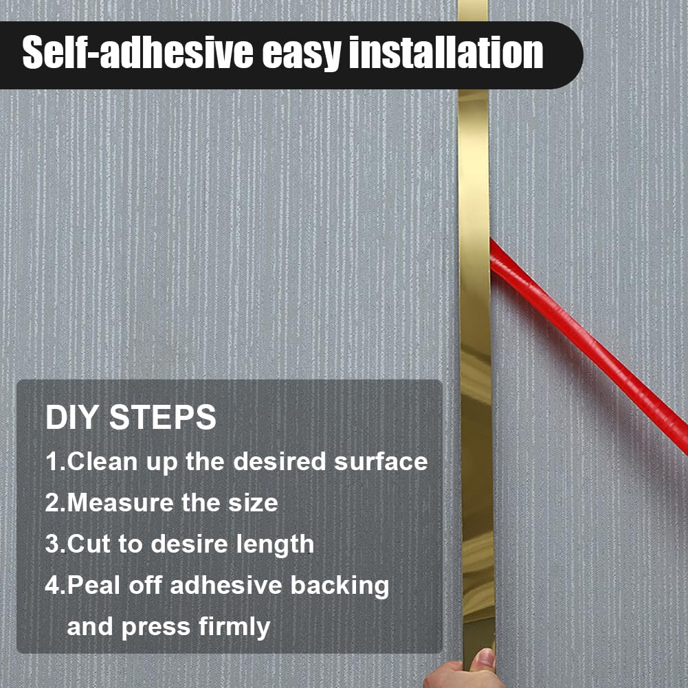 Bandă decorativă autoadezivă Luxer cu efect de oglindă aurie, lungime 5 metri, lățime 2.5 cm, material reflectorizant premium, ideală pentru decoruri interioare, mobilier și rame. [7]