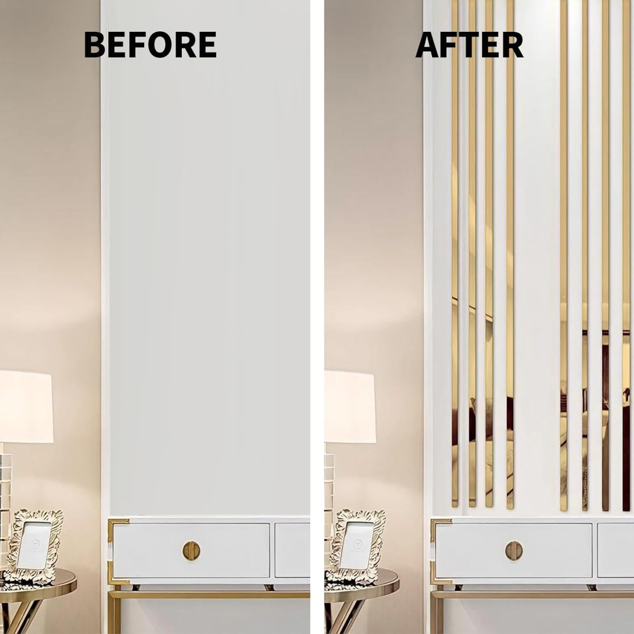 Bandă decorativă autoadezivă Luxer cu efect de oglindă aurie, lungime 5 metri, lățime 2.5 cm, material reflectorizant premium, ideală pentru decoruri interioare, mobilier și rame. [4]