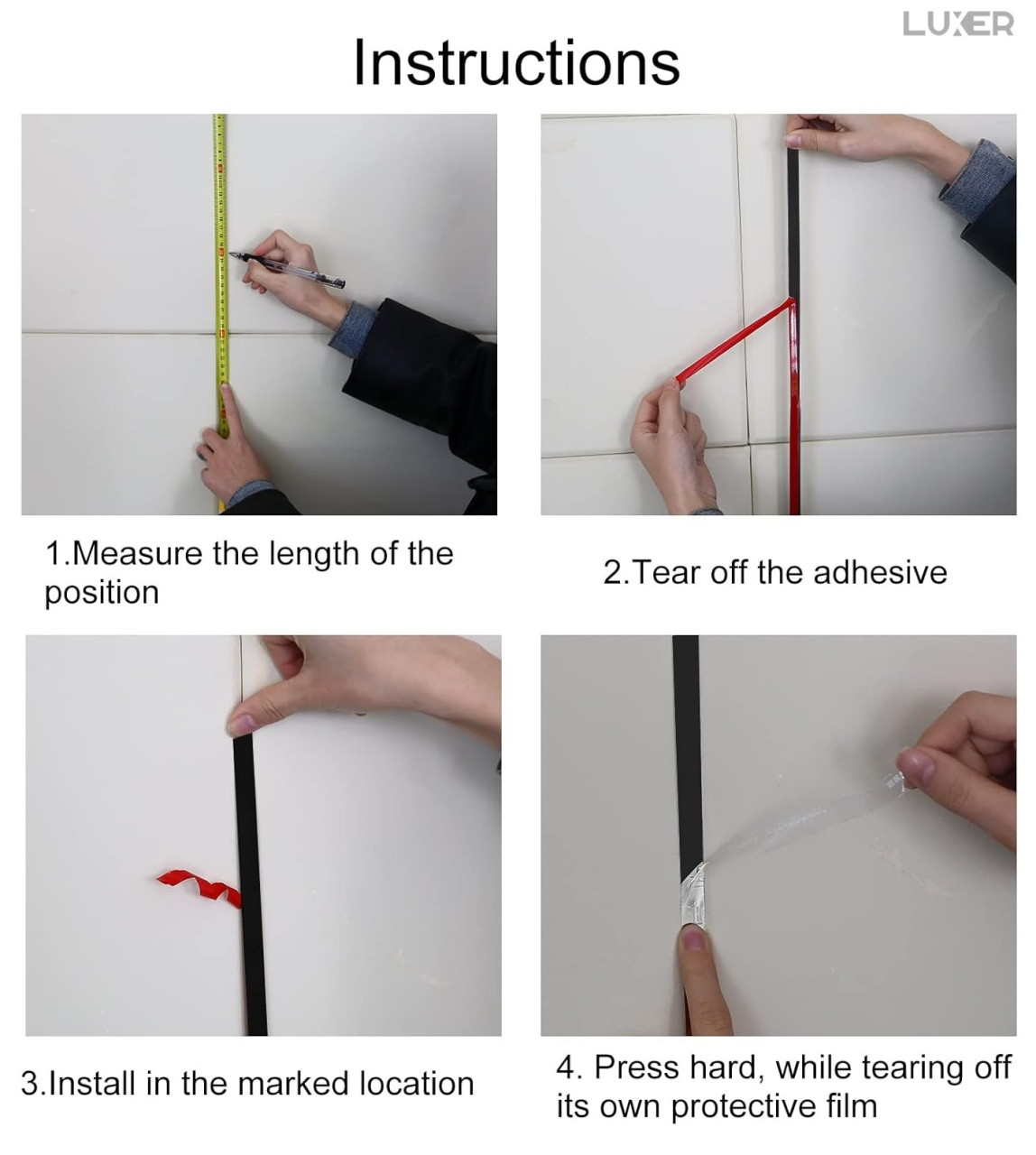 Bandă decorativă autoadezivă Luxer cu efect de oglindă neagra, lungime 5 metri, lățime 1.5 cm, material reflectorizant premium, ideală pentru decoruri interioare, mobilier și rame. [10]