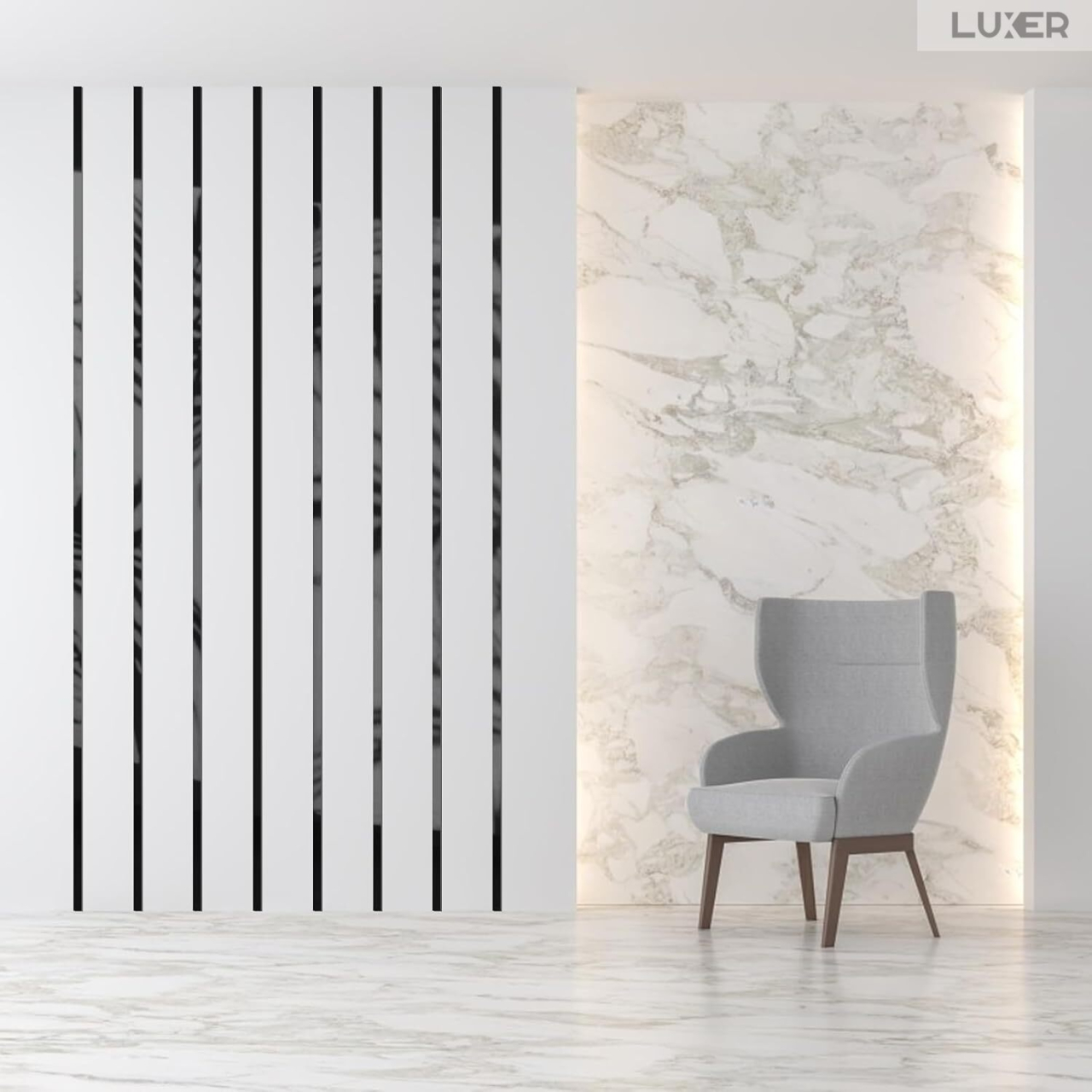 Bandă decorativă autoadezivă Luxer cu efect de oglindă neagra, lungime 5 metri, lățime 1.5 cm, material reflectorizant premium, ideală pentru decoruri interioare, mobilier și rame. [2]