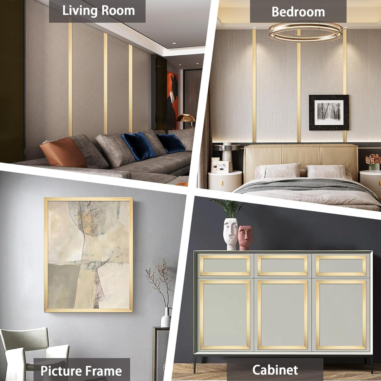 Bandă decorativă autoadezivă Luxer cu efect de oglindă aurie, lungime 5 metri, lățime 4 cm, material reflectorizant premium, ideală pentru decoruri interioare, mobilier și rame. [6]