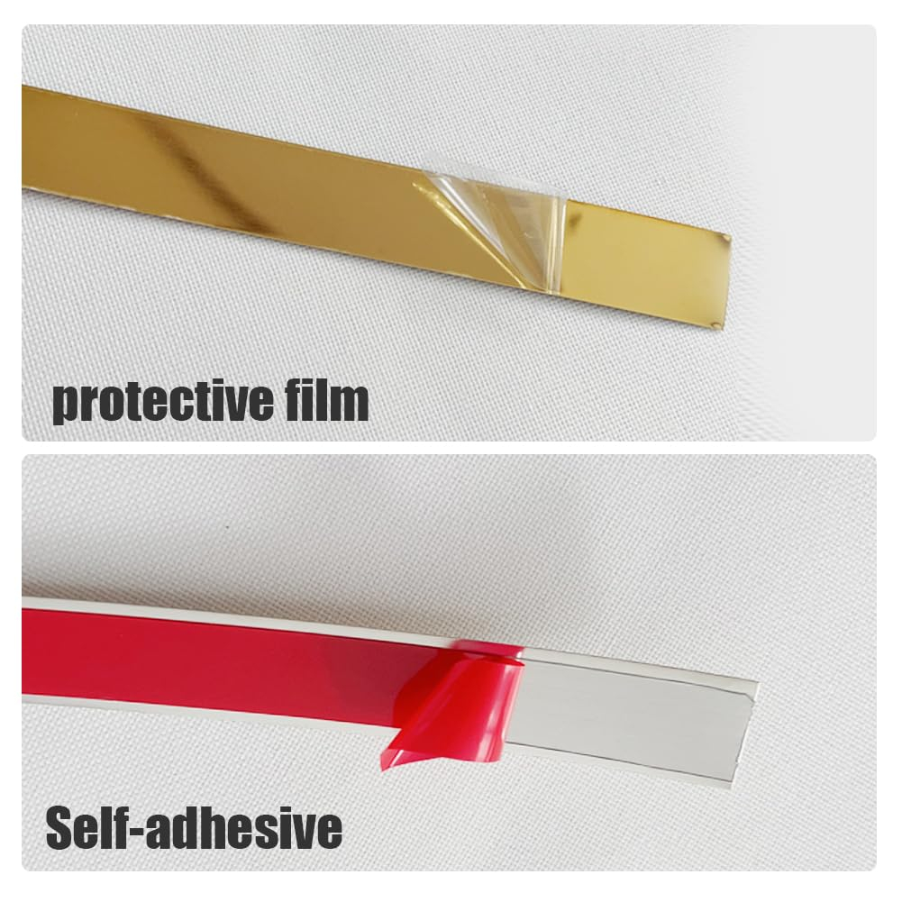 Bandă decorativă autoadezivă Luxer cu efect de oglindă aurie, lungime 5 metri, lățime 4 cm, material reflectorizant premium, ideală pentru decoruri interioare, mobilier și rame. [8]