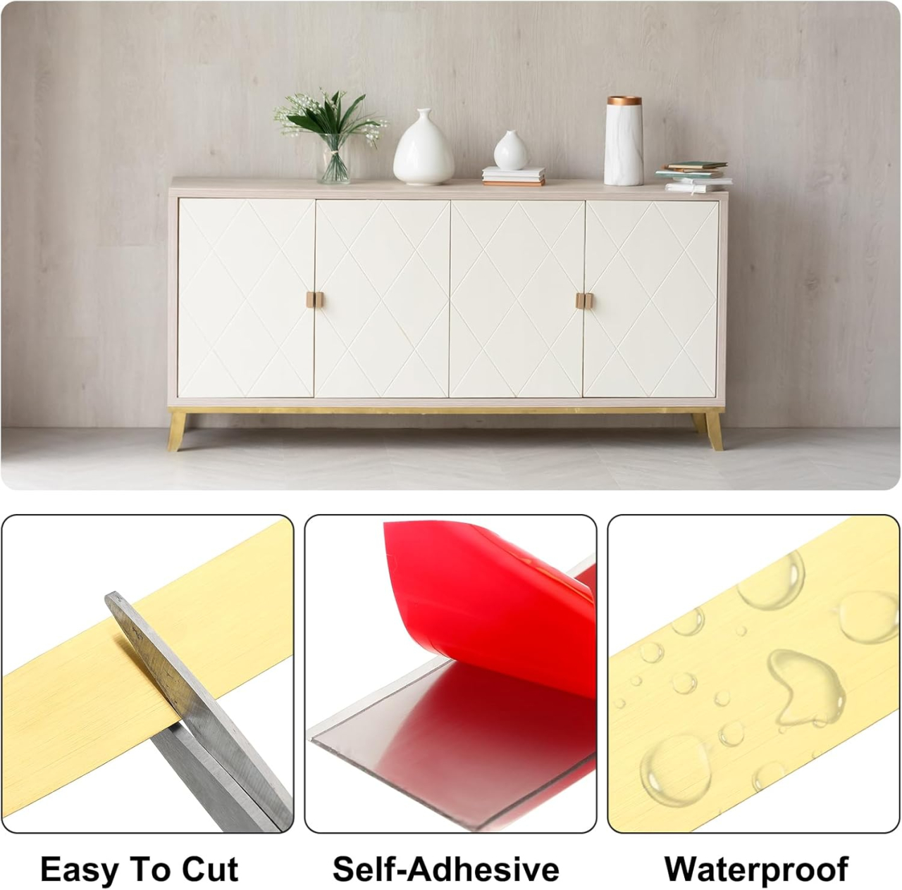 Bandă decorativă autoadezivă Luxer cu efect de oglindă aurie, lungime 5 metri, lățime 4 cm, material reflectorizant premium, ideală pentru decoruri interioare, mobilier și rame. [7]