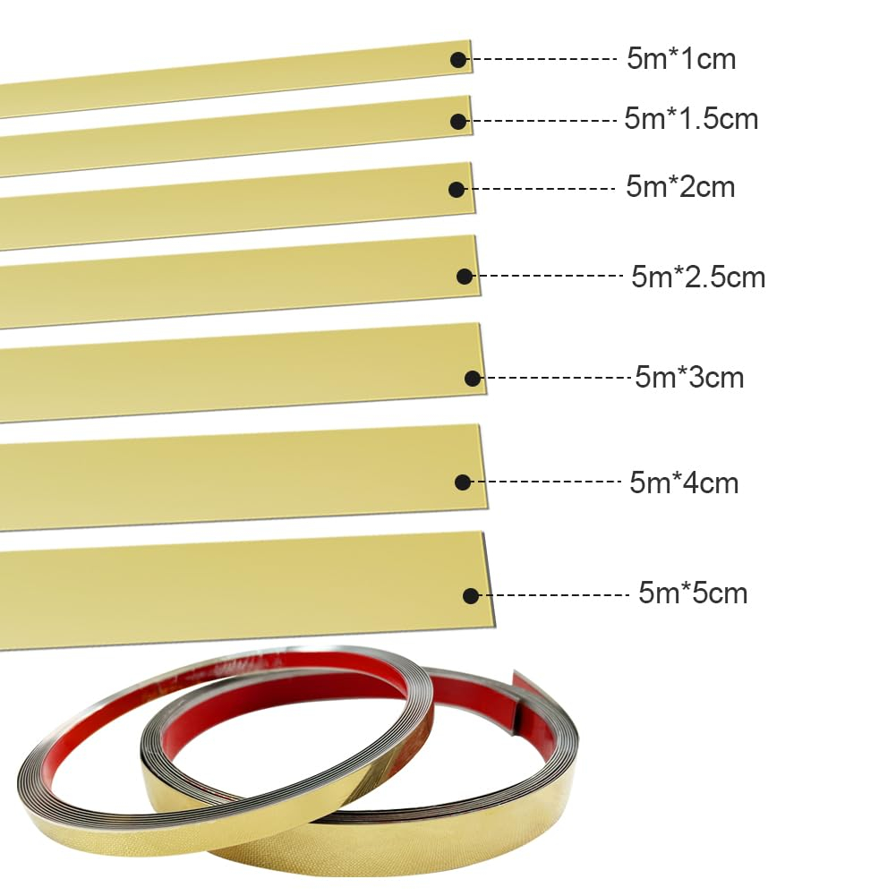Bandă decorativă autoadezivă Luxer cu efect de oglindă aurie, lungime 5 metri, lățime 5 cm, material reflectorizant premium, ideală pentru decoruri interioare, mobilier și rame. [7]