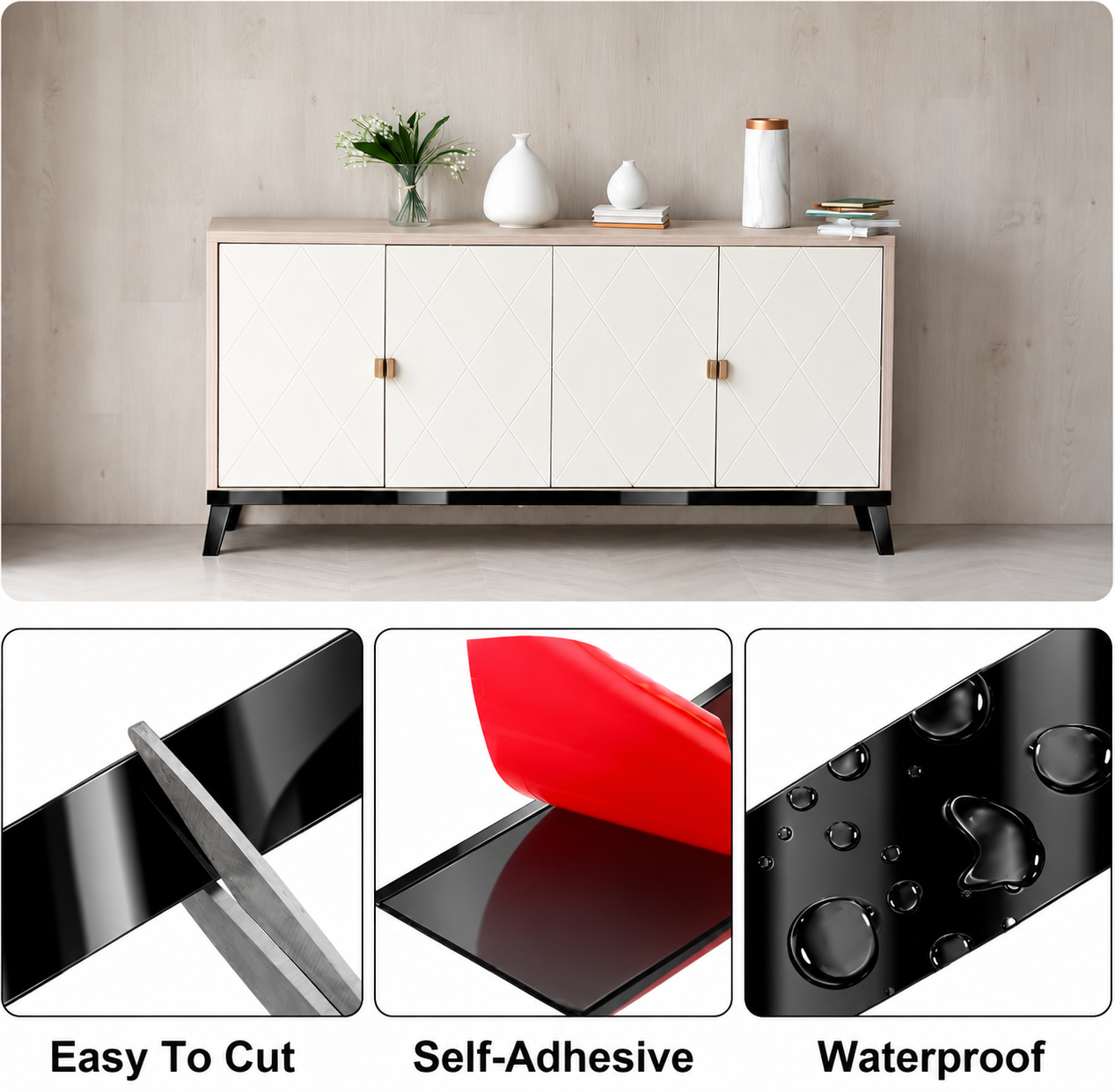 Bandă decorativă autoadezivă Luxer cu efect de oglindă neagra, lungime 5 metri, lățime 4 cm, material reflectorizant premium, ideală pentru decoruri interioare, mobilier și rame. [6]