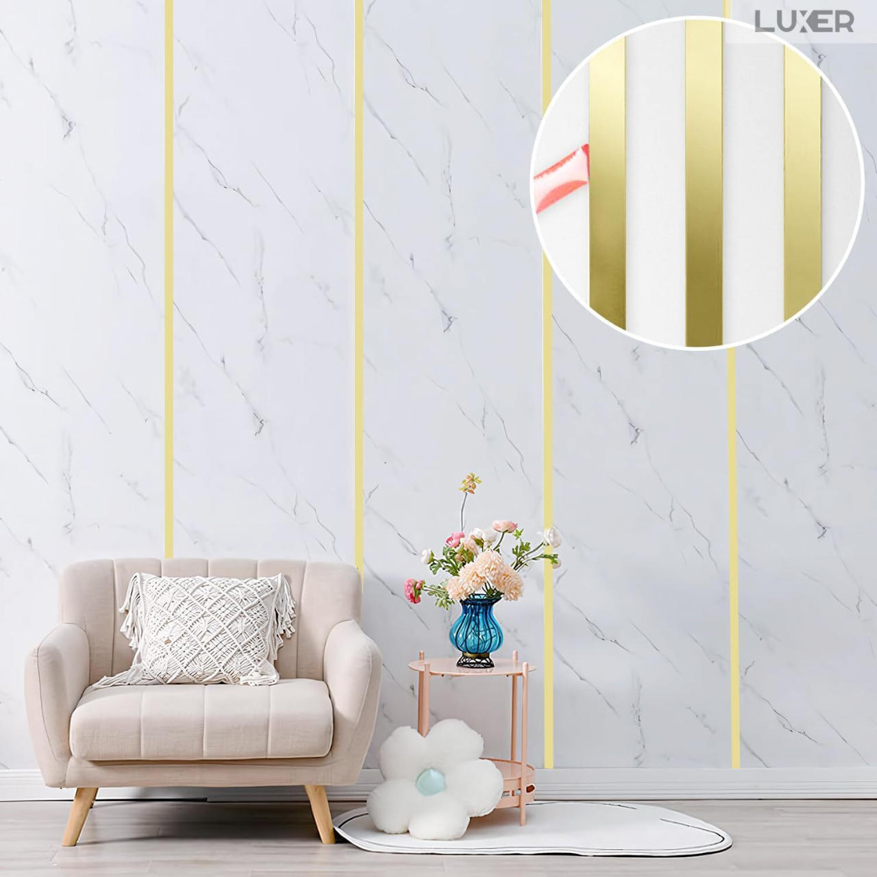 Banda Decorativa Autoadeziva Pentru Perete Cu Efect de Oglinda Luxer, Lungime 500 cm, Latime 1 cm, Gold, Banda Adeziva Metalica Pentru Mobila/Usi/Ferestre pentru Decor Dedeman Leroy Merlin Emag Gresie/Faianta Luxer [4]