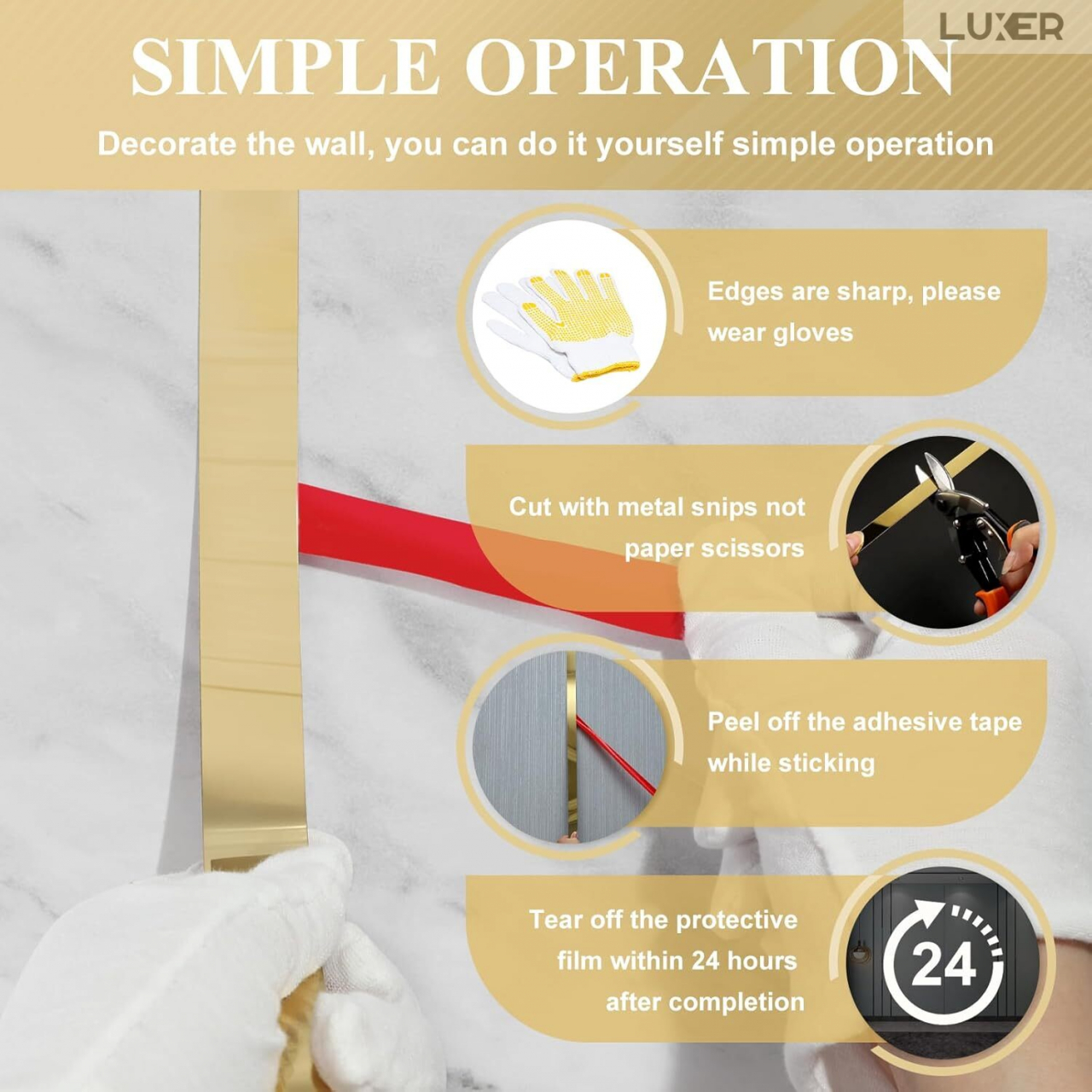 Banda Decorativa Autoadeziva Pentru Perete Cu Efect de Oglinda Luxer, Lungime 500 cm, Latime 1 cm, Gold, Banda Adeziva Metalica Pentru Mobila/Usi/Ferestre pentru Decor Dedeman Leroy Merlin Emag Gresie/Faianta Luxer [10]