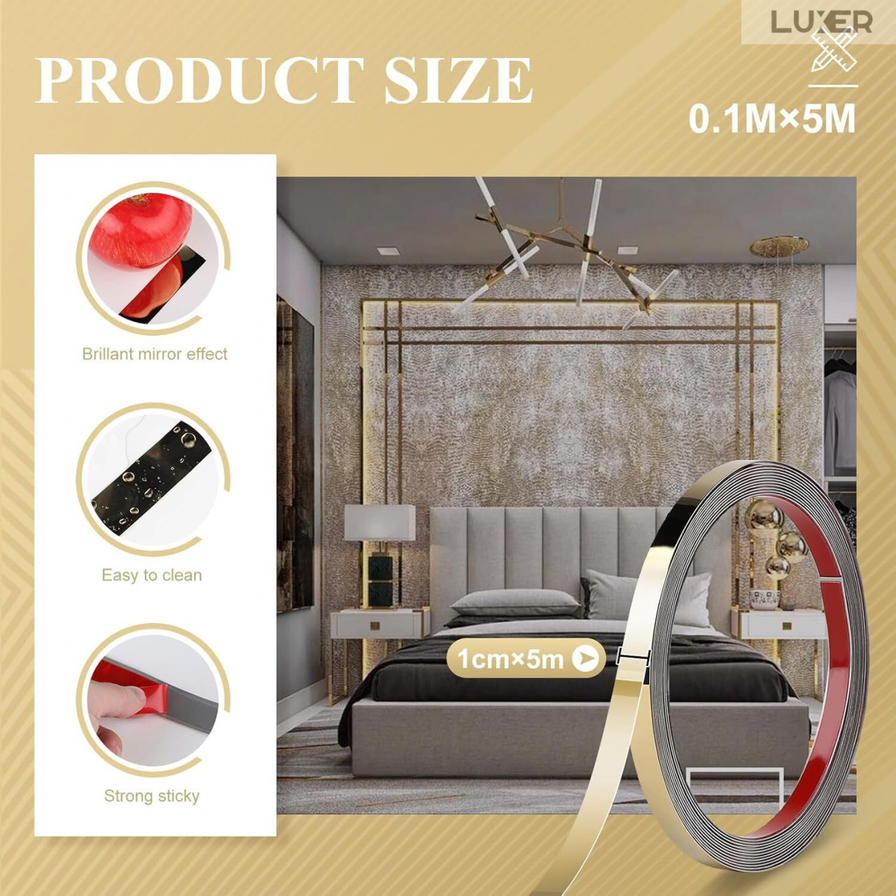 Banda Decorativa Autoadeziva Pentru Perete Cu Efect de Oglinda Luxer, Lungime 500 cm, Latime 1 cm, Gold, Banda Adeziva Metalica Pentru Mobila/Usi/Ferestre pentru Decor Dedeman Leroy Merlin Emag Gresie/Faianta Luxer [11]