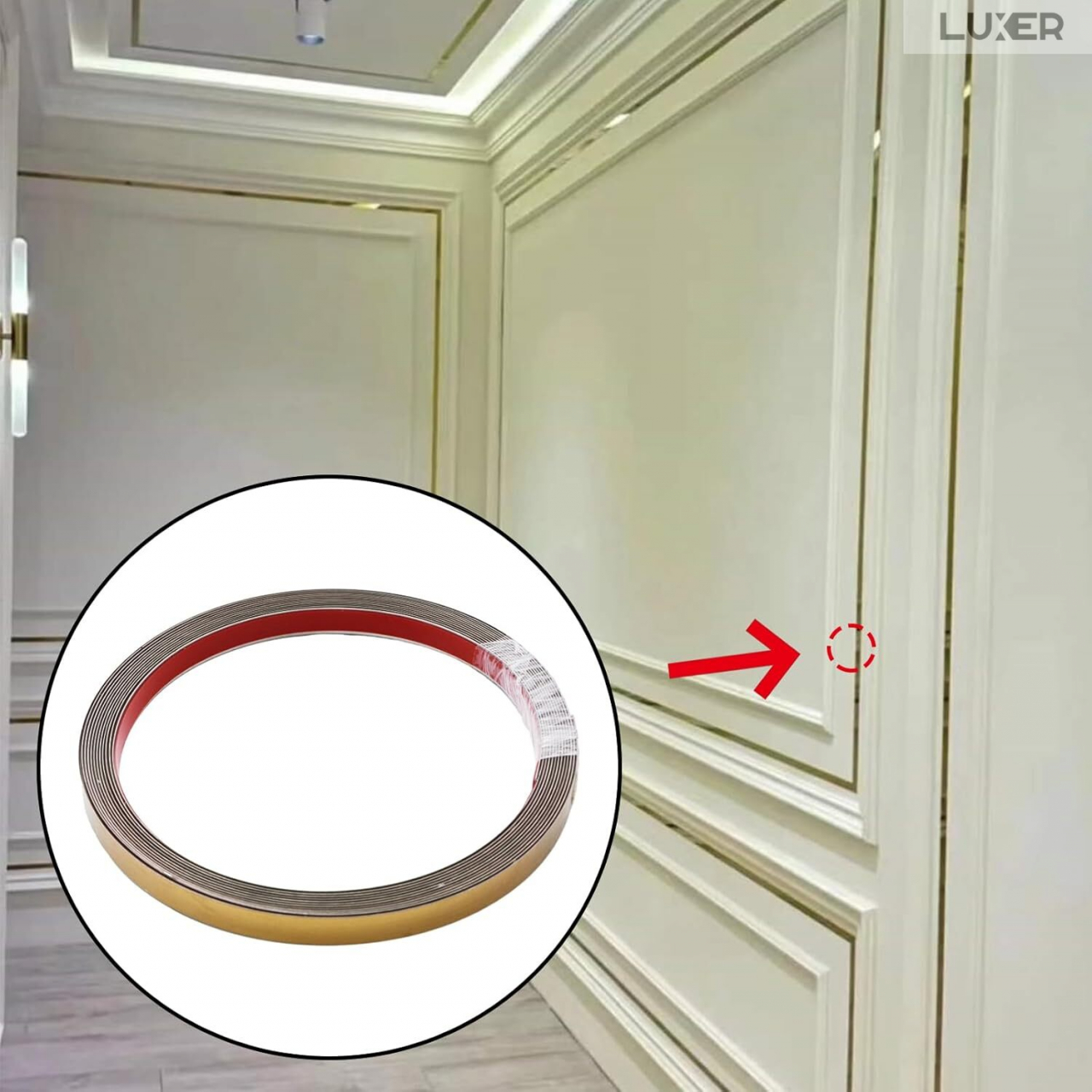 Banda Decorativa Autoadeziva Pentru Perete Cu Efect de Oglinda Luxer, Lungime 500 cm, Latime 1 cm, Gold, Banda Adeziva Metalica Pentru Mobila/Usi/Ferestre pentru Decor Dedeman Leroy Merlin Emag Gresie/Faianta Luxer [8]