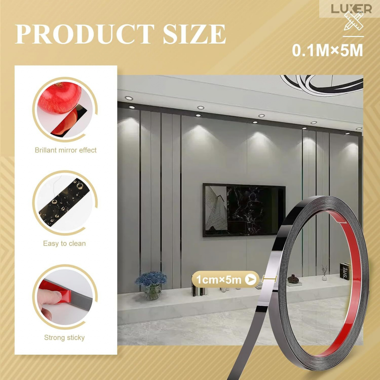Banda Decorativa Autoadeziva Pentru Perete Cu Efect de Oglinda Luxer, Lungime 500 cm, Latime 1 cm, Metal Black, Banda Adeziva Metalica Pentru Mobila/Usi/Ferestre pentru Decor Dedeman Leroy Merlin Emag Gresie/Faianta Luxer [11]